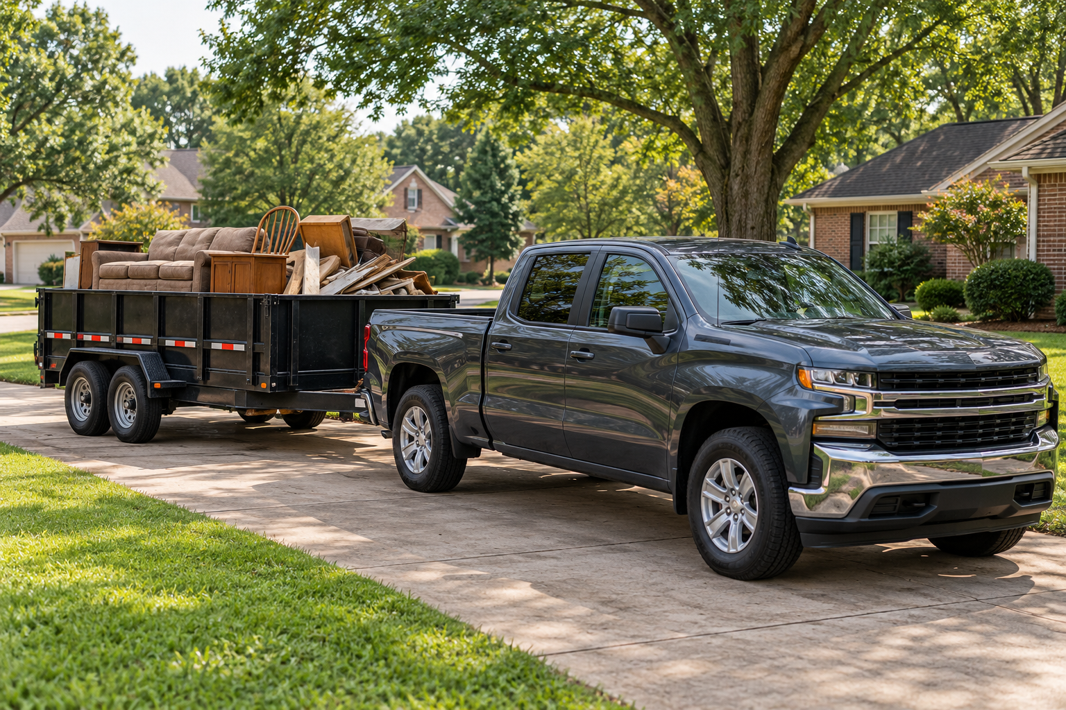 Pickup and hauling trailer in a residential driveway